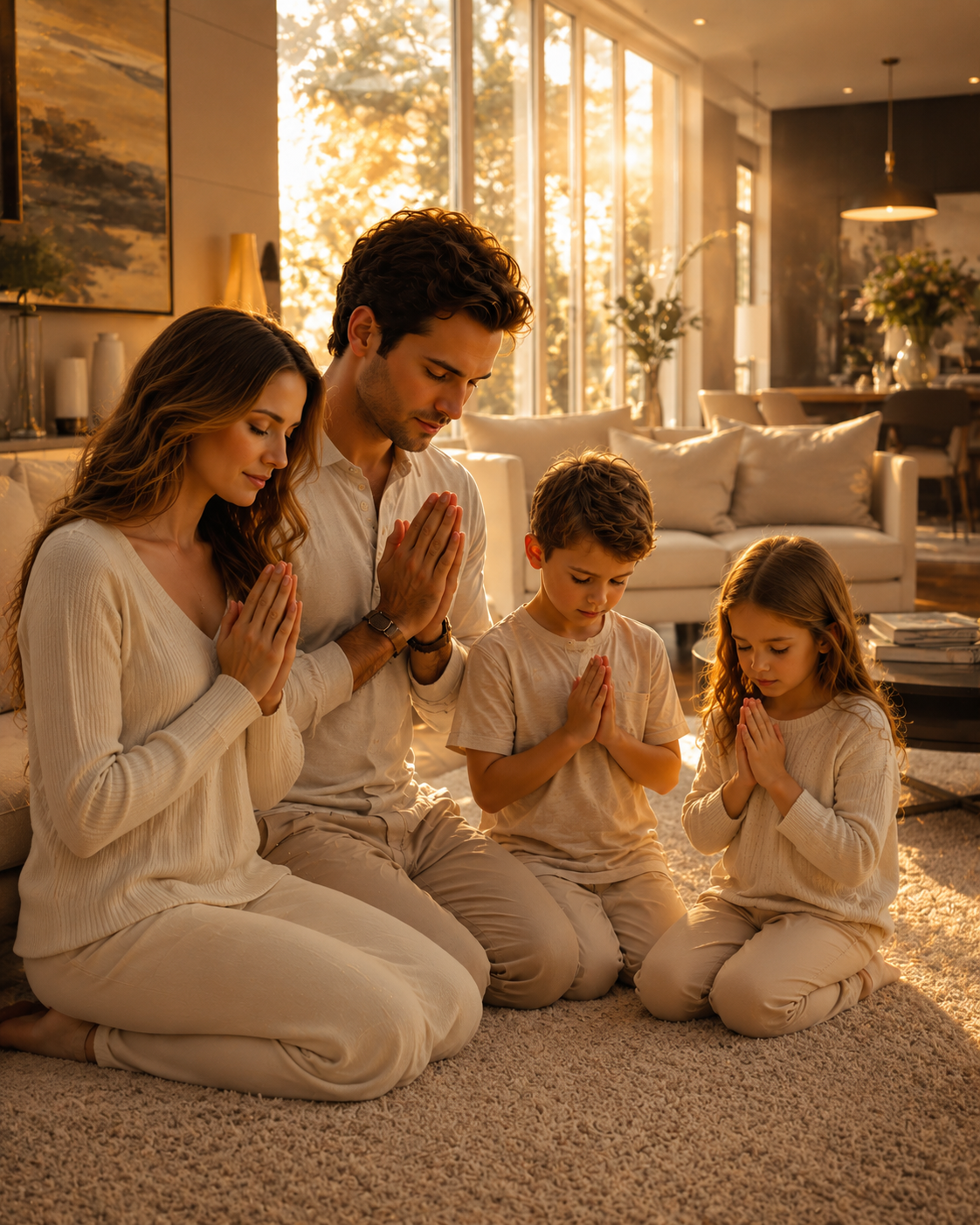 Familia en oración en su hogar