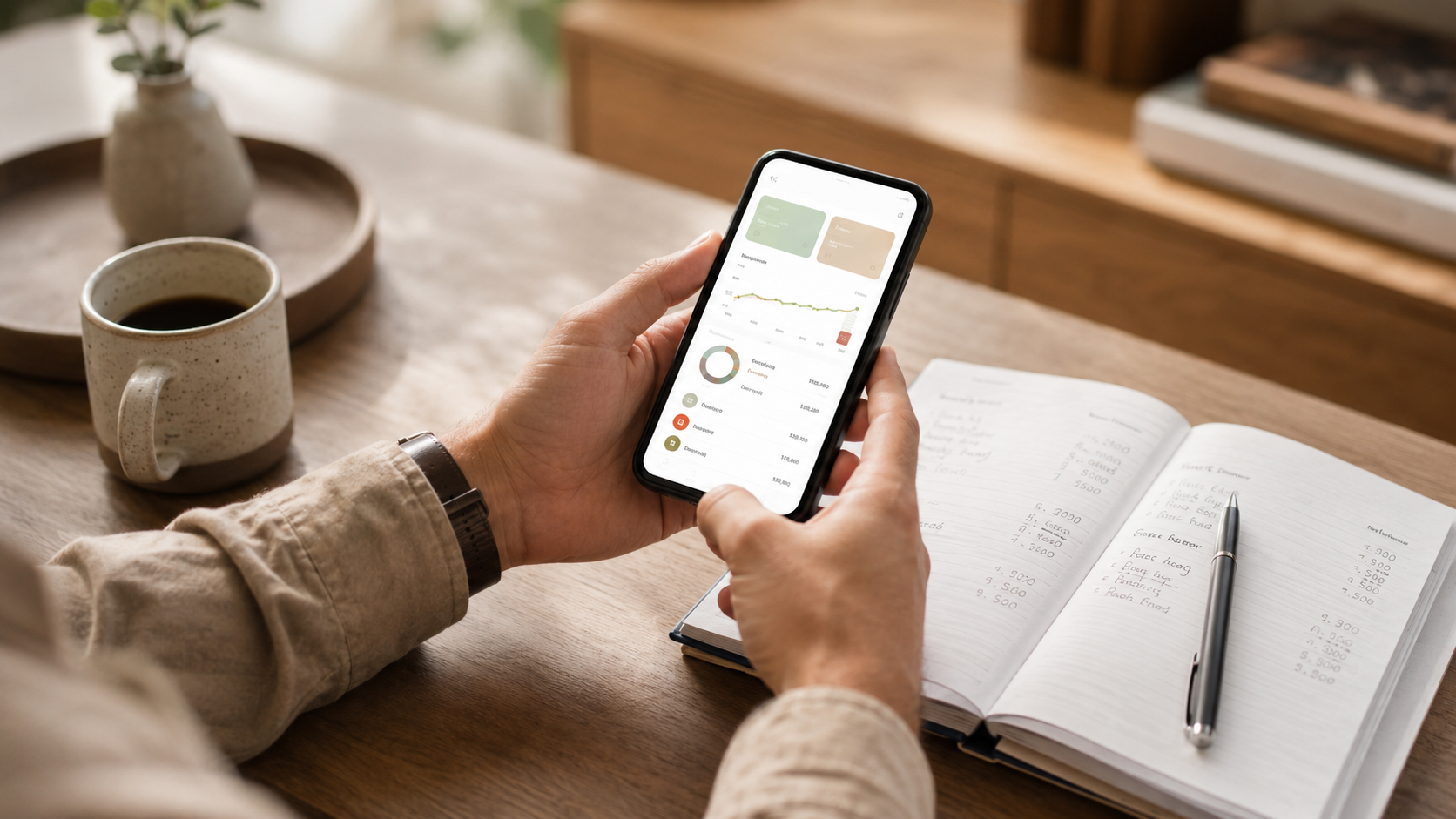 La app de Caudal junto a una libreta de cuentas