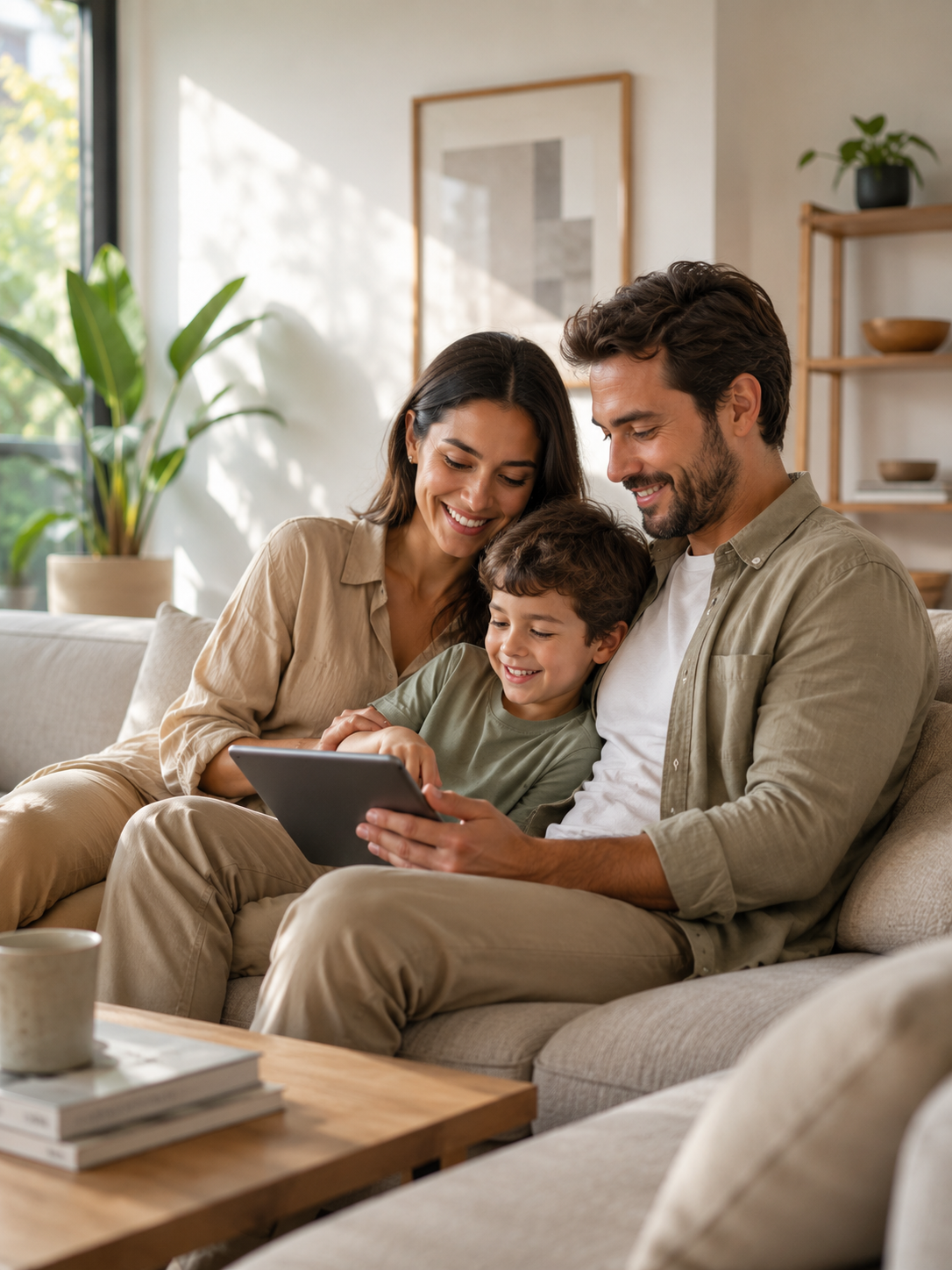 Familia disfrutando en casa con tranquilidad financiera